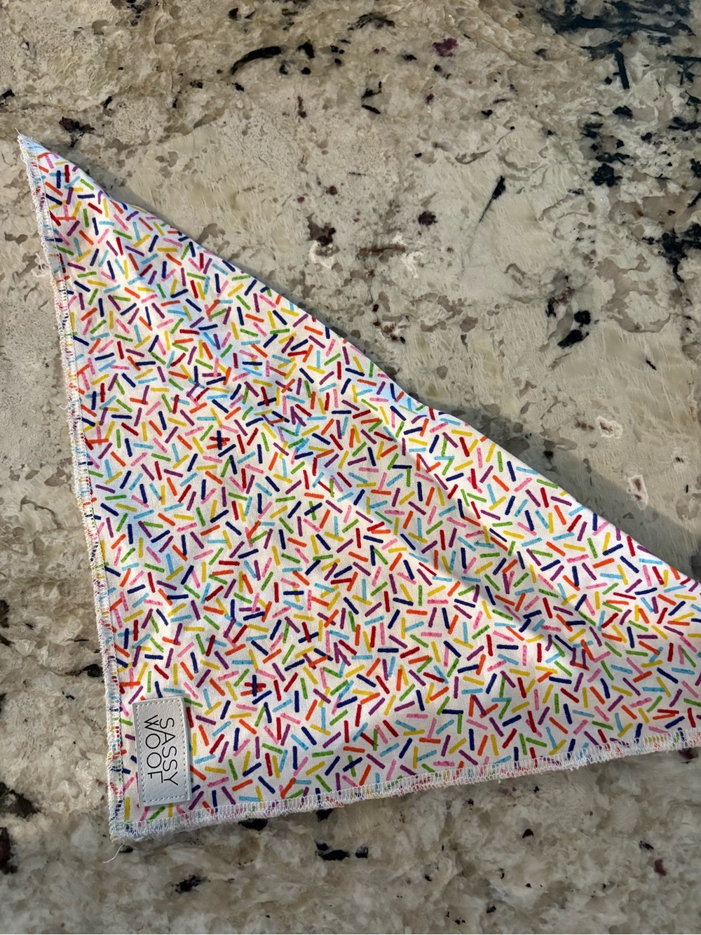 White Sassy Woof Sprinkle Bandana size small